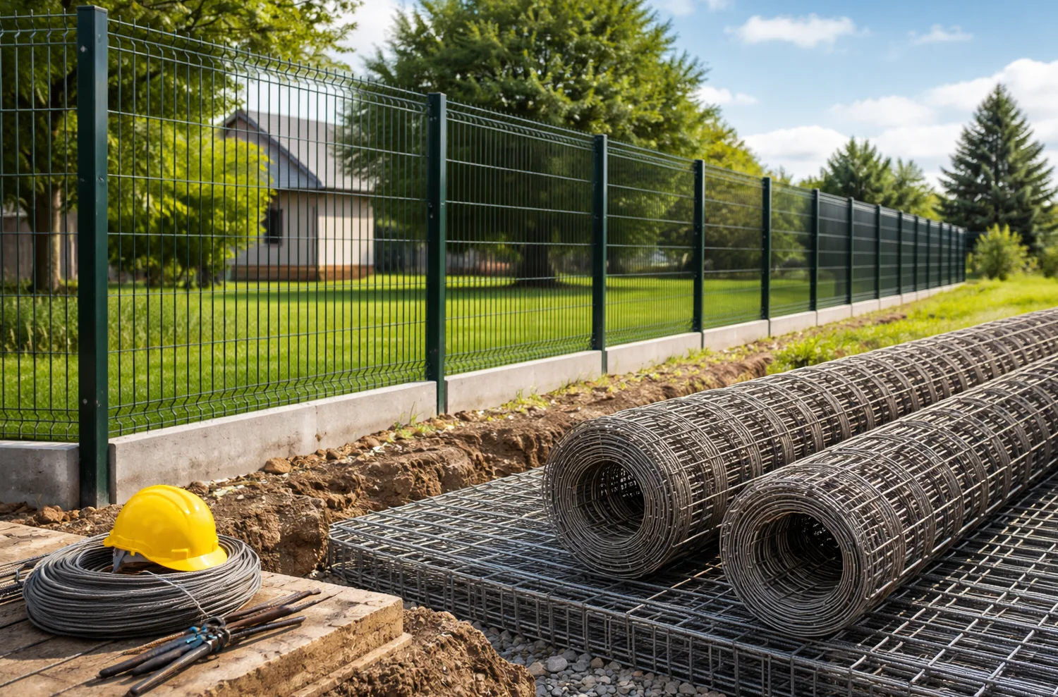 Oceľové siete a náradie pripravené na montáž plotu